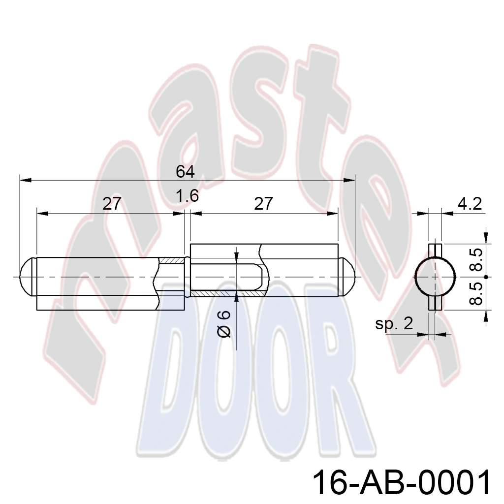 Bisagra galv. 64mm x 17mm, perno Ø6mm interior, para Puerta Abatible. A-110Z.60 AB-0001 cotas.webp