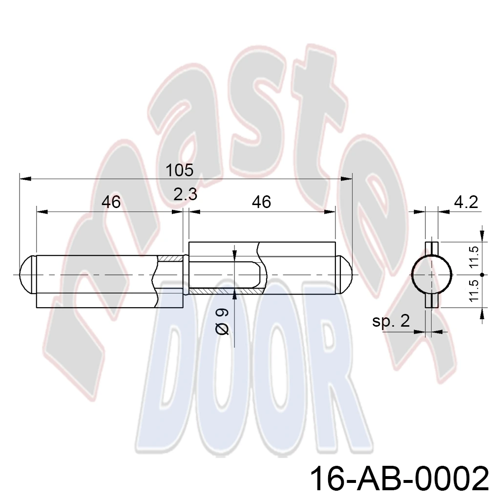 Bisagra galv. 105mm x 23mm, perno Ø9mm interior, para Puerta Abatible. A-110Z.100 AB-0002 cotas.webp