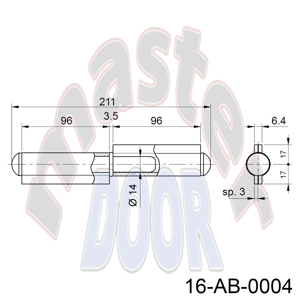 Bisagra galv. 211mm x 34mm, perno Ø14mm interior, para Puerta Abatible. A-110Z.200 AB-0004 cotas.webp