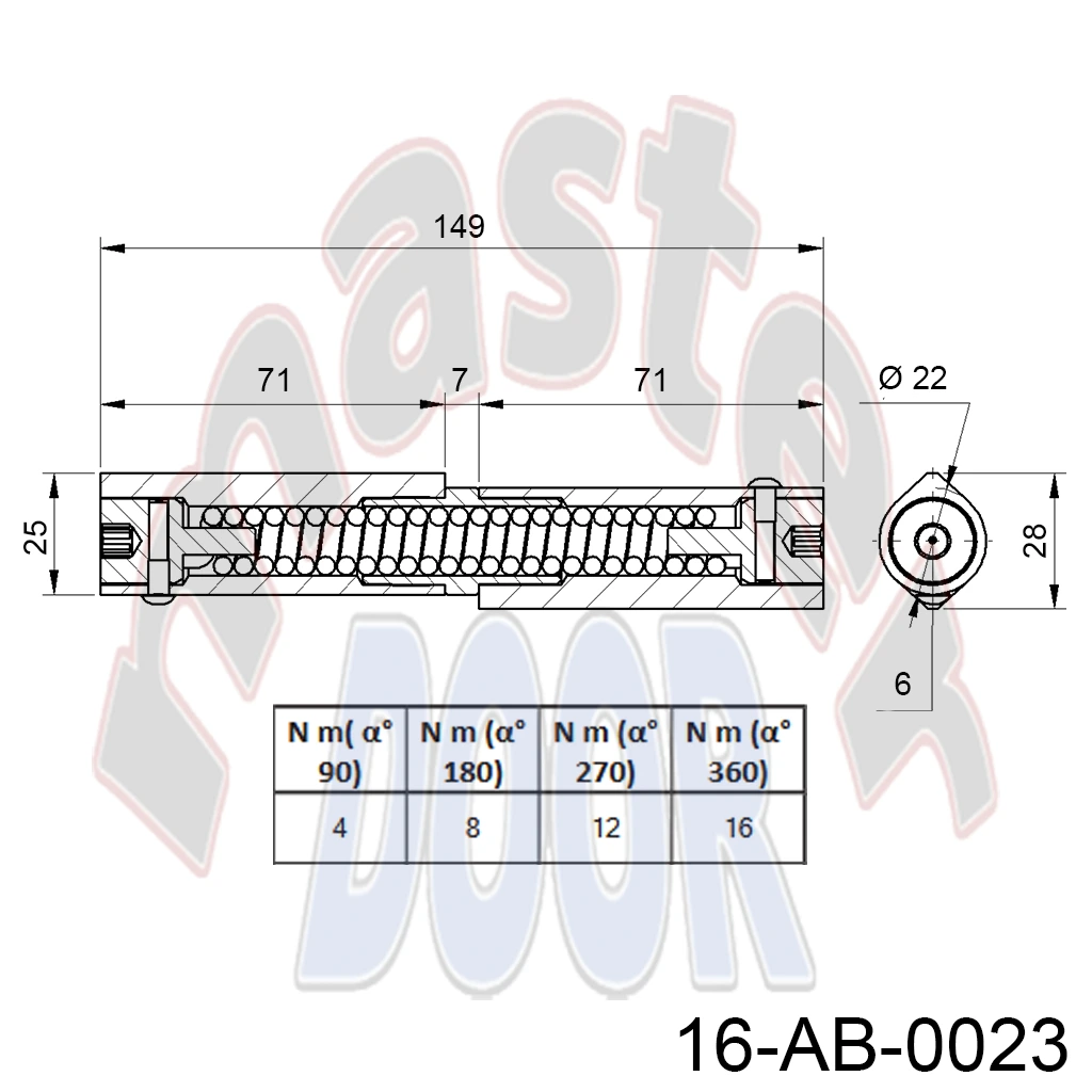 Bisagra Autorregulable de cierre automatico, 25mm x 150mm, Ø22mm. A-1222 AB-0023 cota.webp