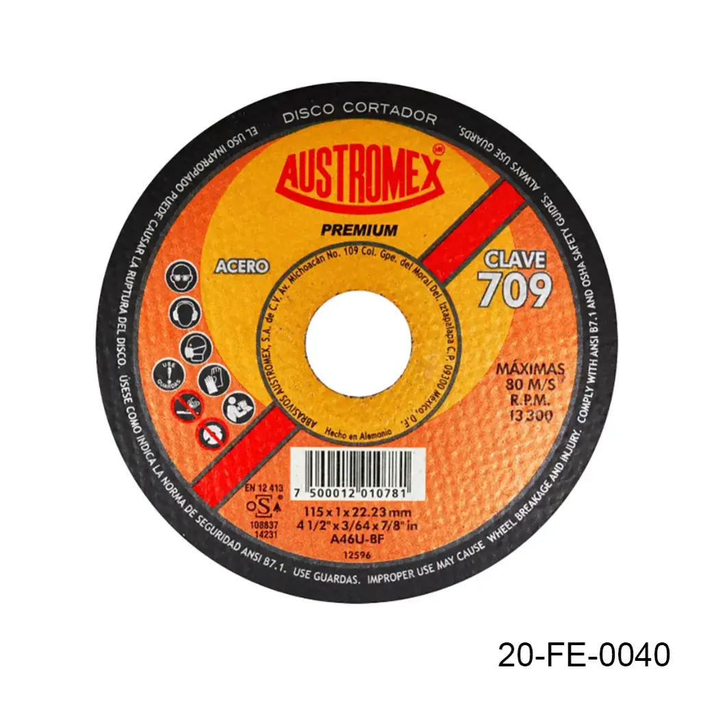 Disco de corte 4-1/2" (3/64x7/8) Acero inox y carbon