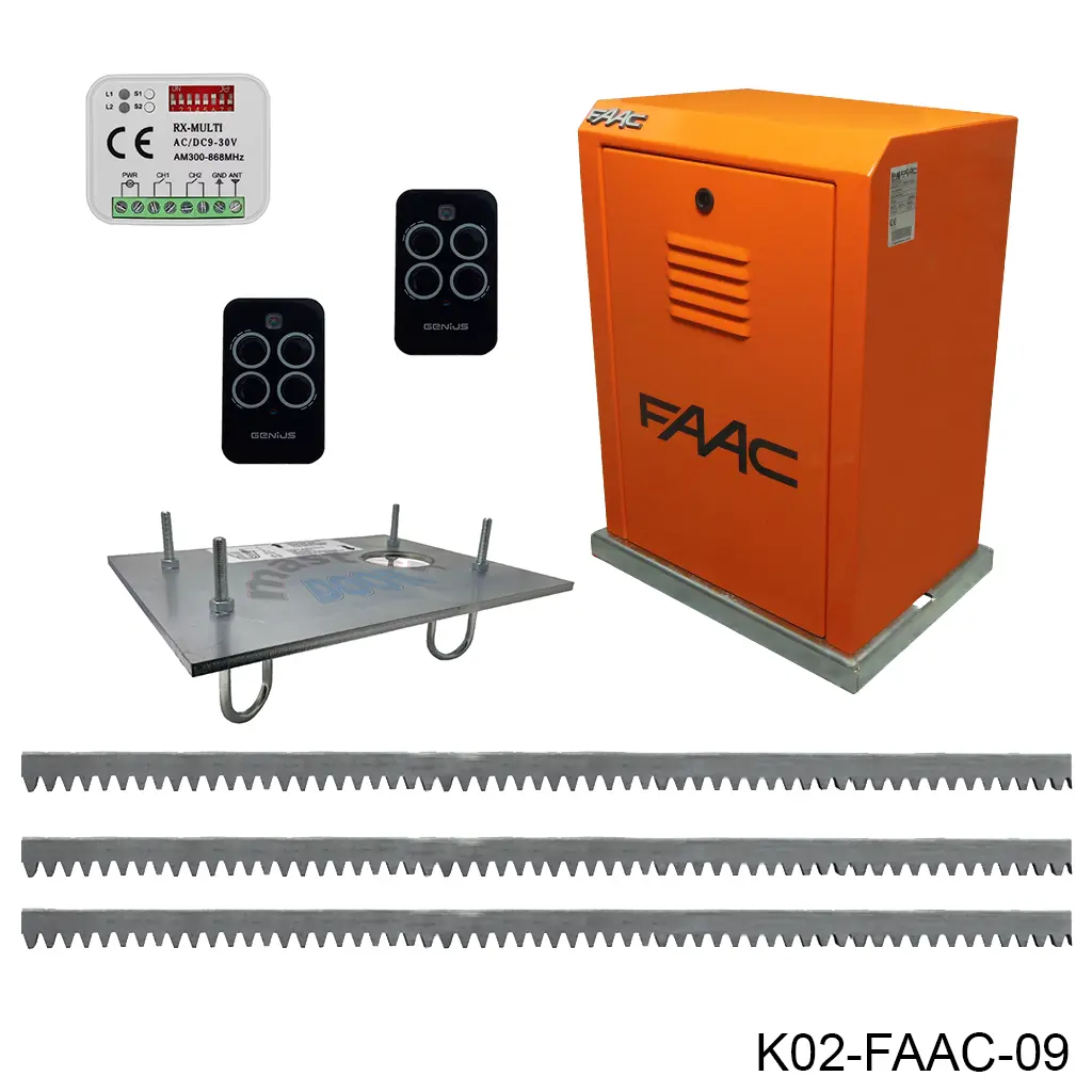 [K02-FAAC-09] KIt Cremallera FAAC-884 T, 220V, 3F. Cap. de Arrastre 3500K. Incluye: 6m cremallera, 1-Tarjeta, 1-Receptor y 2 Control.