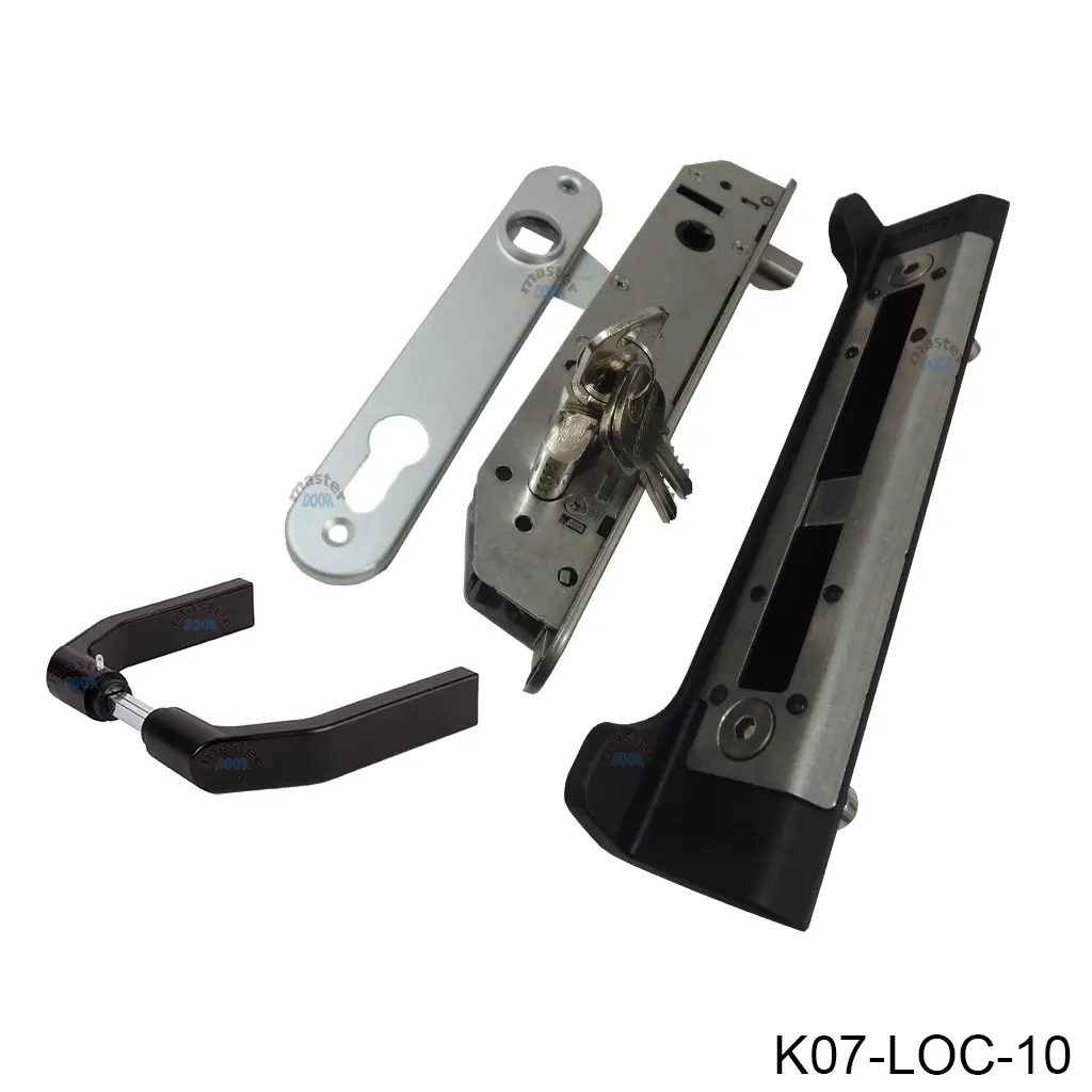[K07-LOC-10] Kit Cerradura Embutida FORTYLOCK de gancho, para Puerta Abatible, PTR 40mm. Incluye: Cilindro, Llaves, Manija, Escudo y Contra SFKI. LOC