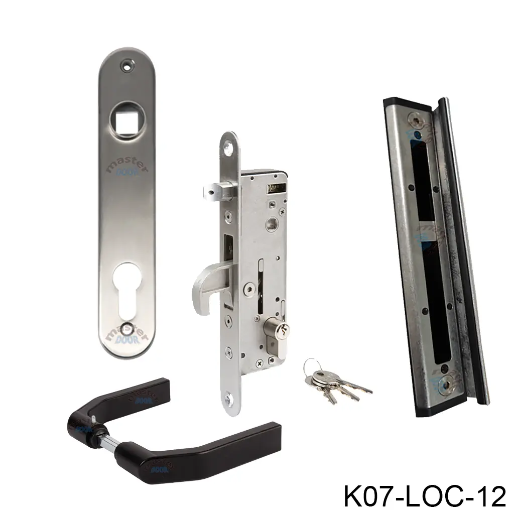 Kit Cerradura Embutida H-METAL de gancho, para Puerta Abatible, PTR 60mm, incluye: Cilindro, llaves, manija, escudo y contra SHKM. Loc
