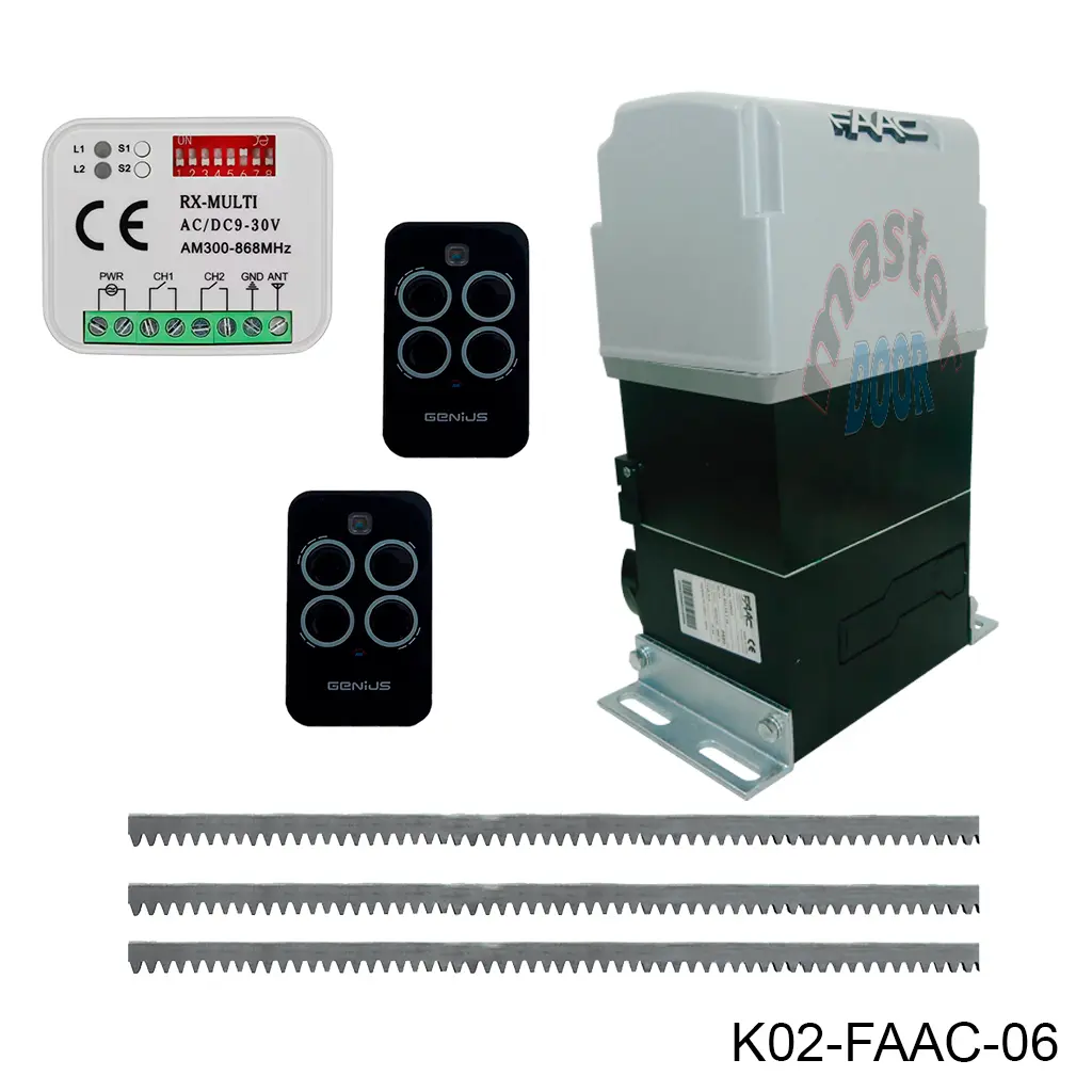 [K02-FAAC-06] Kit Cremallera FAAC-844 T, 220V, 3F. Cap. de Arrastre 1800K. Incluye: 6m cremallera, 1-Tarjeta, 1-Receptor y 2 Control.