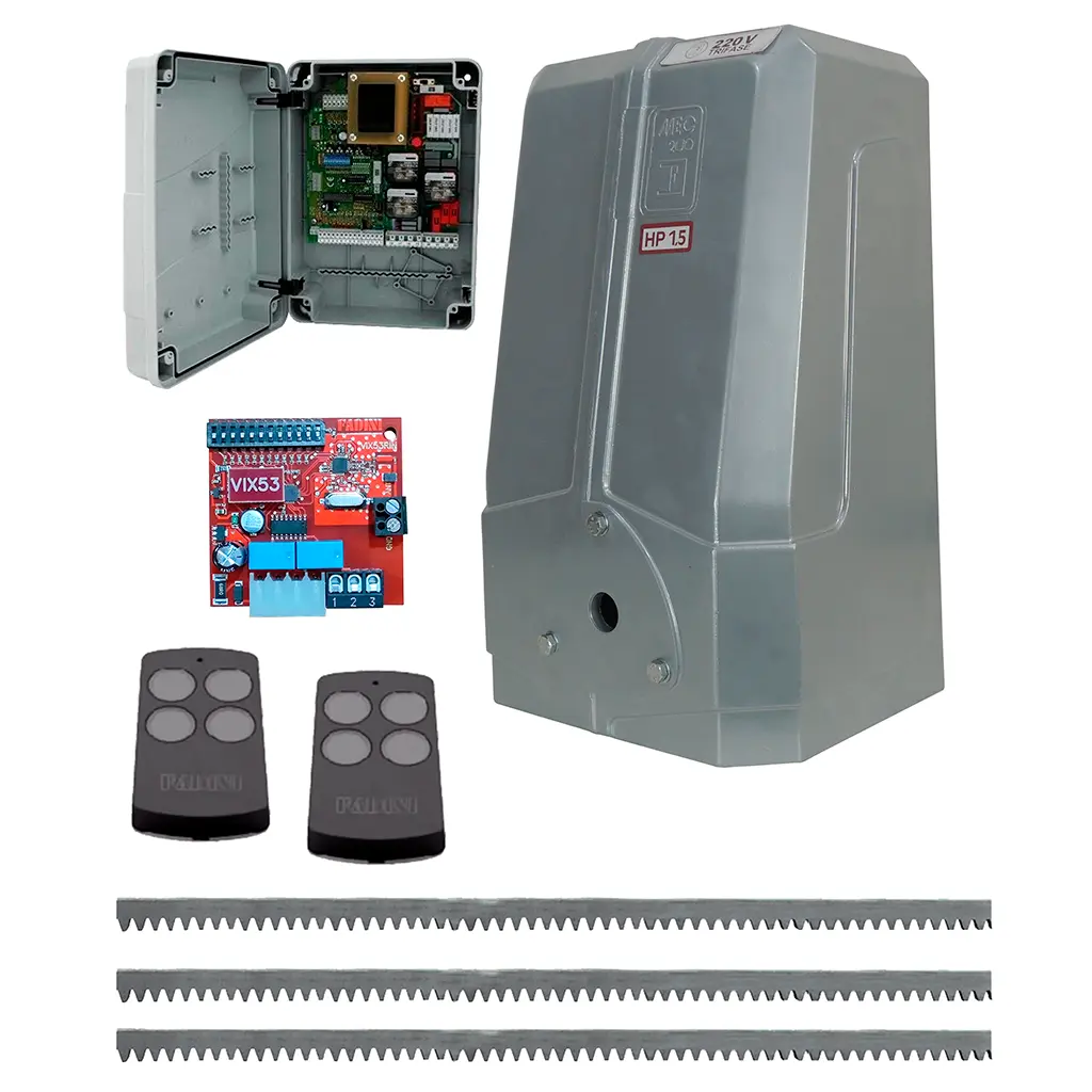 Kit Cremallera MEC-200 1.5 hp 220V Trif. Cap. de Arrastre 2000K. Incluye: 6m cremallera, 1-Cerebro Elpro37, Receptor y 2 Controles F-868Mhz. FD