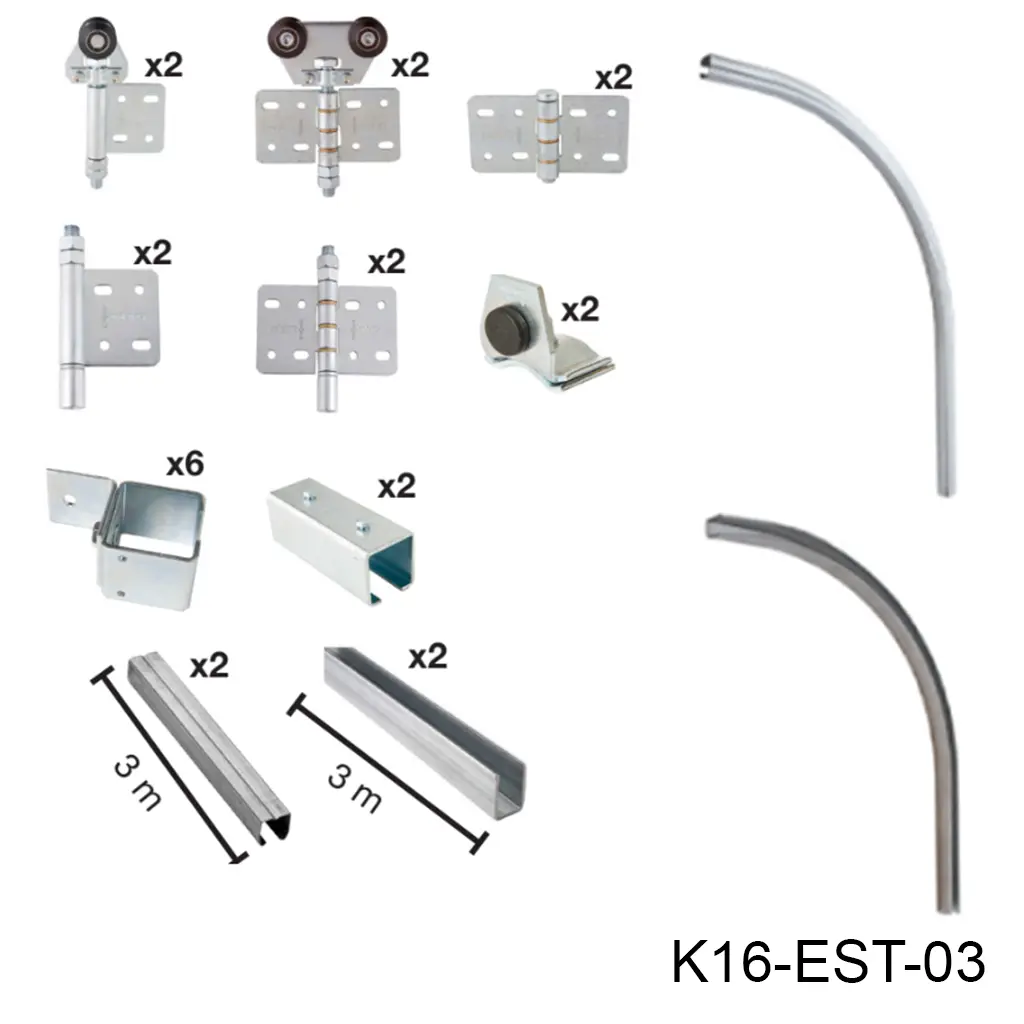 [K16-EST-03] Kit Herraje Articulado curvo hacia la pared, Superior, Mod. U-40, 150/300 Kg Combinacion. Para un claro de 3.0m max. en 3 hojas de 0.60m a 1.0m.