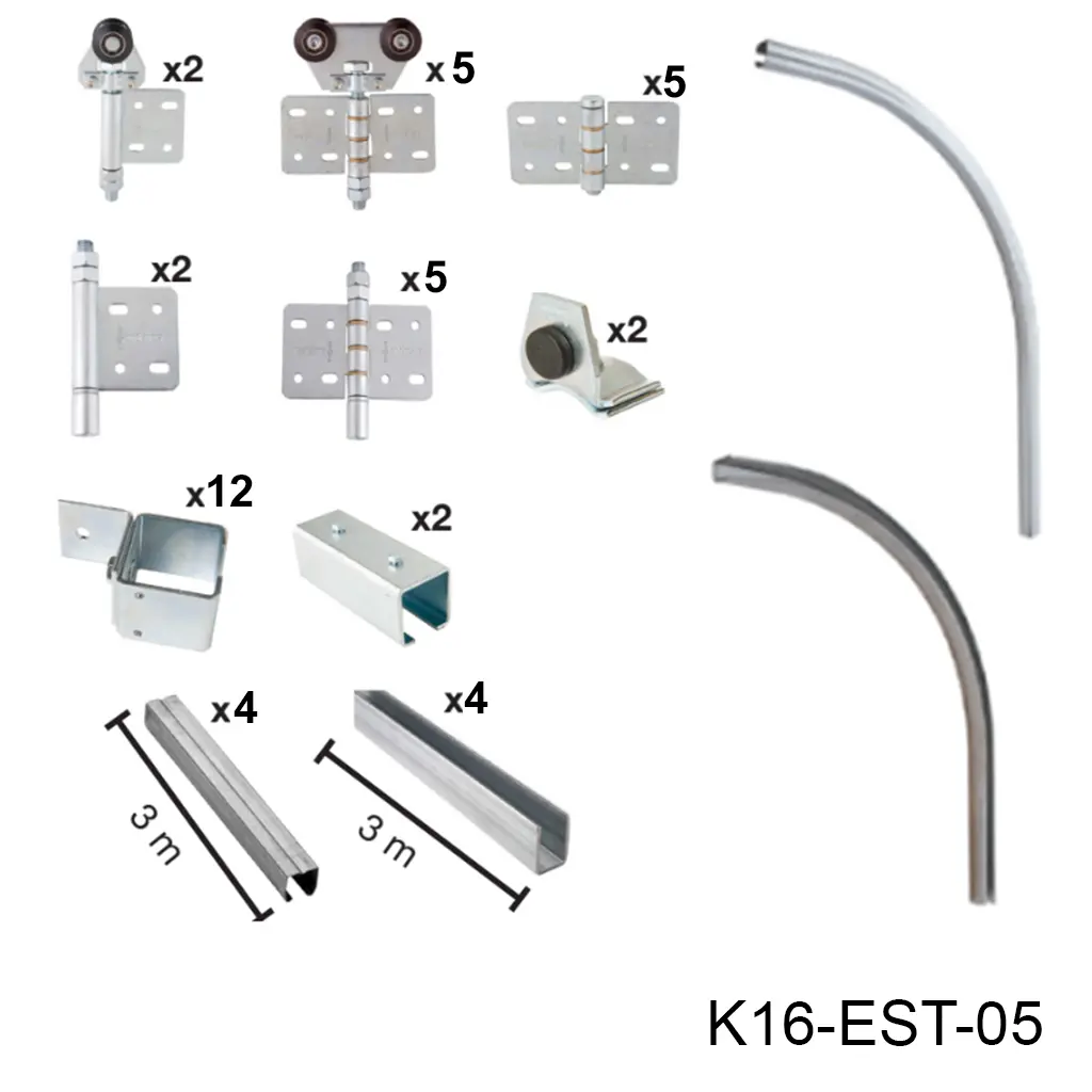 [K16-EST-05] Kit Herraje Articulado curvo hacia la pared, Superior, Mod. U-40, 150/300 Kg Combinación. Para un claro de 6.0m max. en 6 hojas de 0.60m a 1.0m