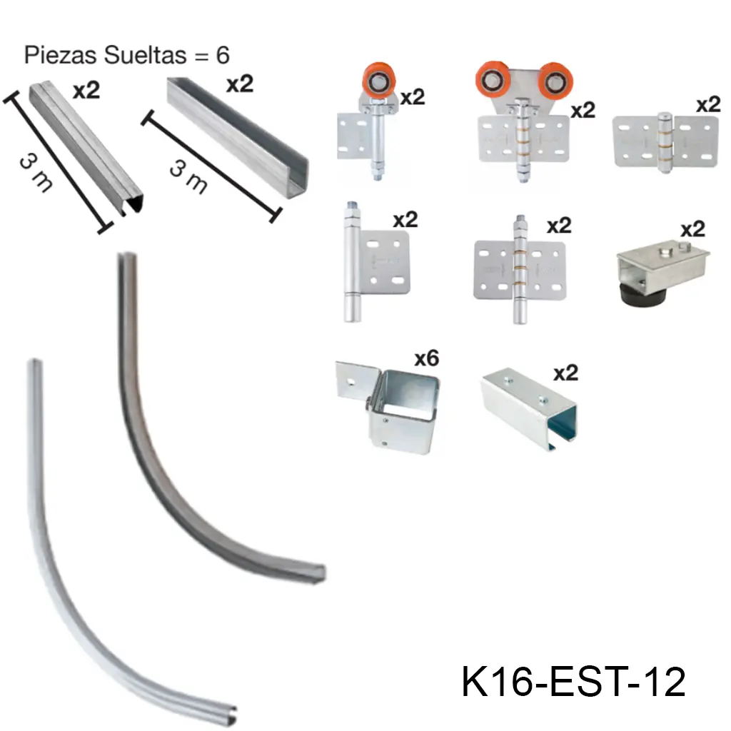 Kit Herraje Articulado curvo hacia la pared, Superior, Mod. U-60, 240/450 Kg Combinacion. Para un claro de 3.0m max. en 3 hojas de 0.80m a 1.2m.