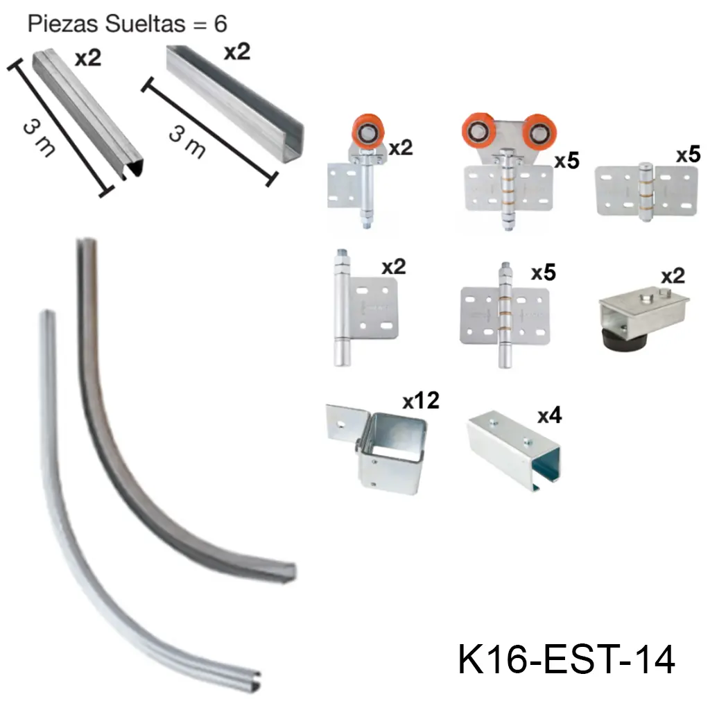 [K16-EST-14] Kit Herraje Articulado curvo hacia la pared, Superior, Mod. U-60, 240/450 Kg Combinacion. Para un claro de 6.0m max. en 6 hojas de 0.80m a 1.2m.