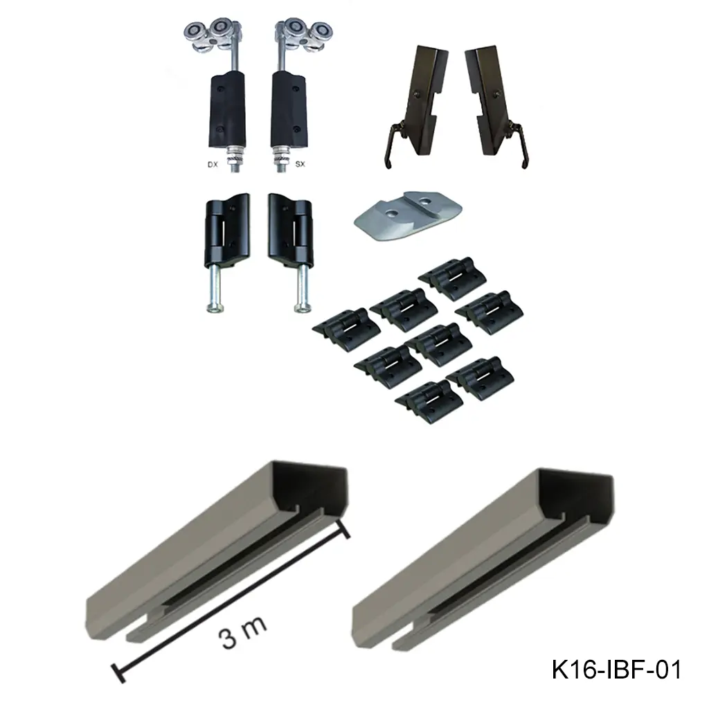 Kit Herraje Plegadizo para 4- Hojas (Incluye: 2 Carretilla, 2- Guias inferior, 8 Bisagras Ala, 1 Guía inferior, 2 Riel superior de 3.0m)
