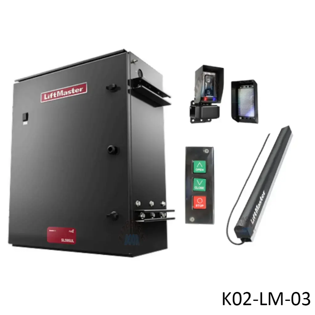 Kit Op. Corredizo de Cadena SL595203UL, 2Hp, 220volts, 3F, 1130Kg en 27m ancho max. Incluye: 7.6m de cadena P50 y 1 Botonera, LM