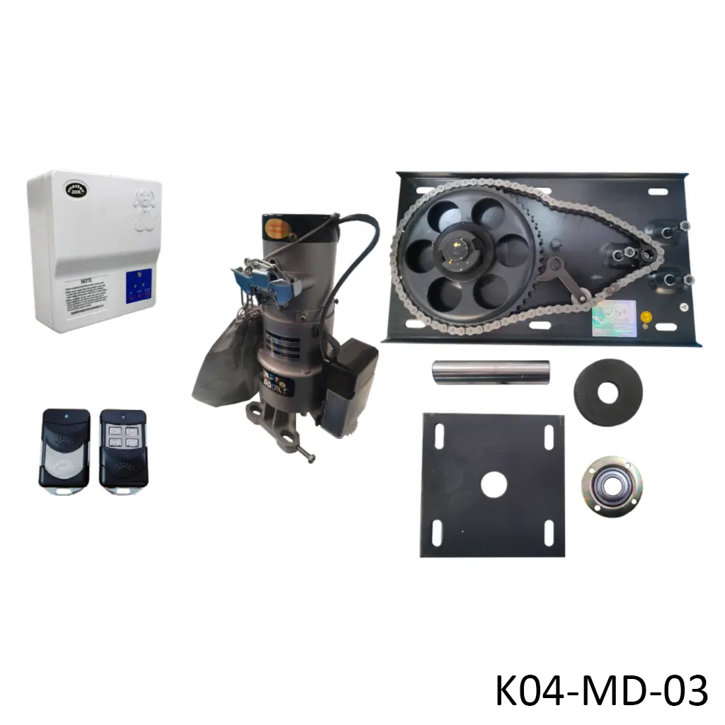 [K04-MD-03] Kit Op. Cortina Lateral RD-300DC 120-12VCD para 300K, 60Hz, requiere Tubo 4"Ø, Incluye Botonera, 2 Control MD F433 , Bateria de Res. y Base Metalica, caja. QI