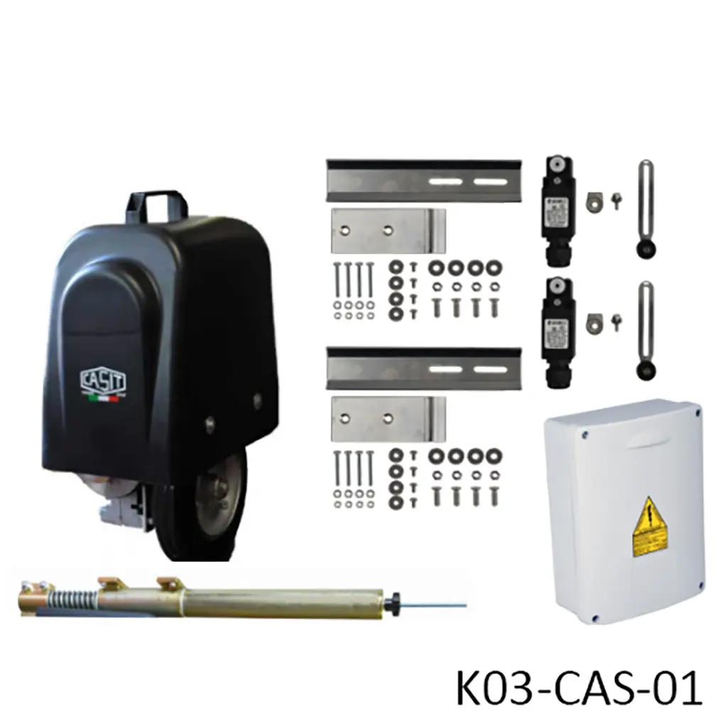 [K03-CAS-01] Kit Operador de Rueda MC300/ROLLY 63 para 1 Hoja Abatible/Corrediza, 220V, 2F, ancho 5.0m, peso 600k, Desnivel 3cm. Incluye: Tarjeta, Receptor y 2 Control MD.LH