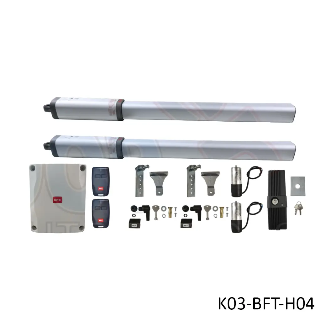 [K03-BFT-H04] Kit Pistones BFT LUX GV, 120V, para 2 Hojas, peso max. 300kg, ancho max, 3.5m, Incluye Receptor, 2 control y Chapa de Bloqueo de pivote.
