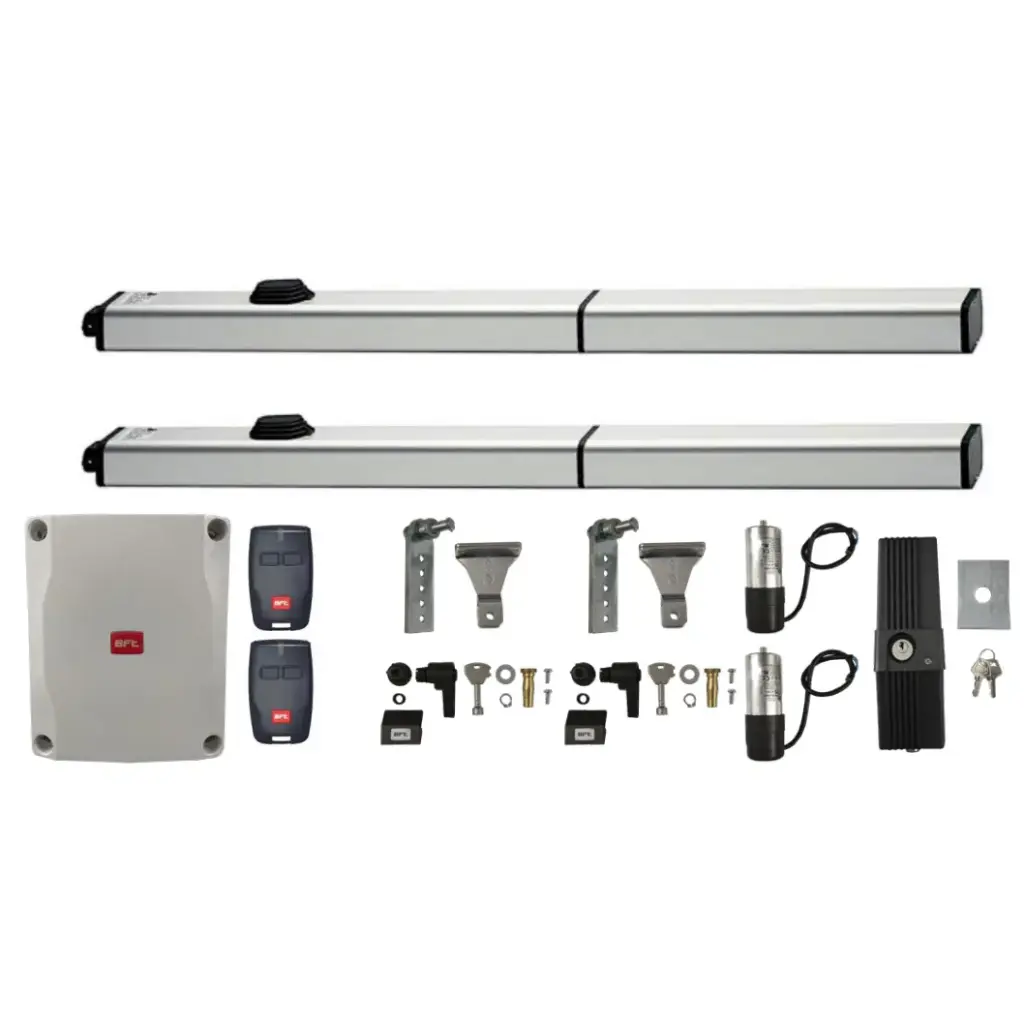 Kit Pistones BFT P4.5, 120V, para 2 Hojas, peso max. 300kg, ancho max, 3.5m, Incluye Receptor, 2 control y Chapa de Bloqueo de pivote.