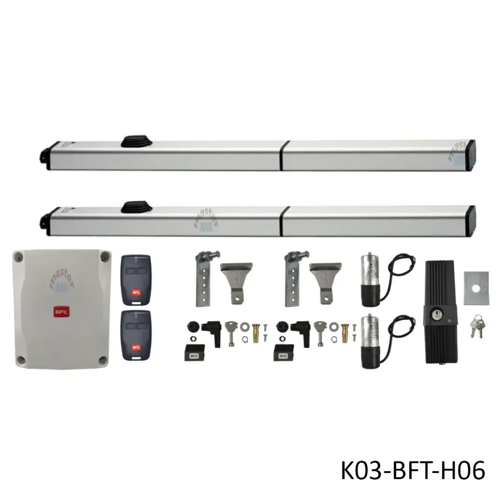 Kit Pistones BFT P4.5, 120V, para 2 Hojas, peso max. 300kg, ancho max, 3.5m, Incluye Receptor, 2 control y Chapa de Bloqueo de pivote.
