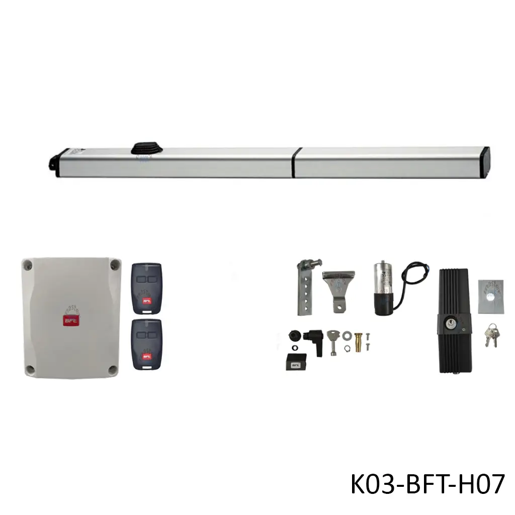 [K03-BFT-H07] Kit Pistones BFT P7, 120V, para 1 Hoja, peso max. 500kg, ancho max. 7.0m, Incluye Receptor, 2 control y chapa de bloqueo de pivote.