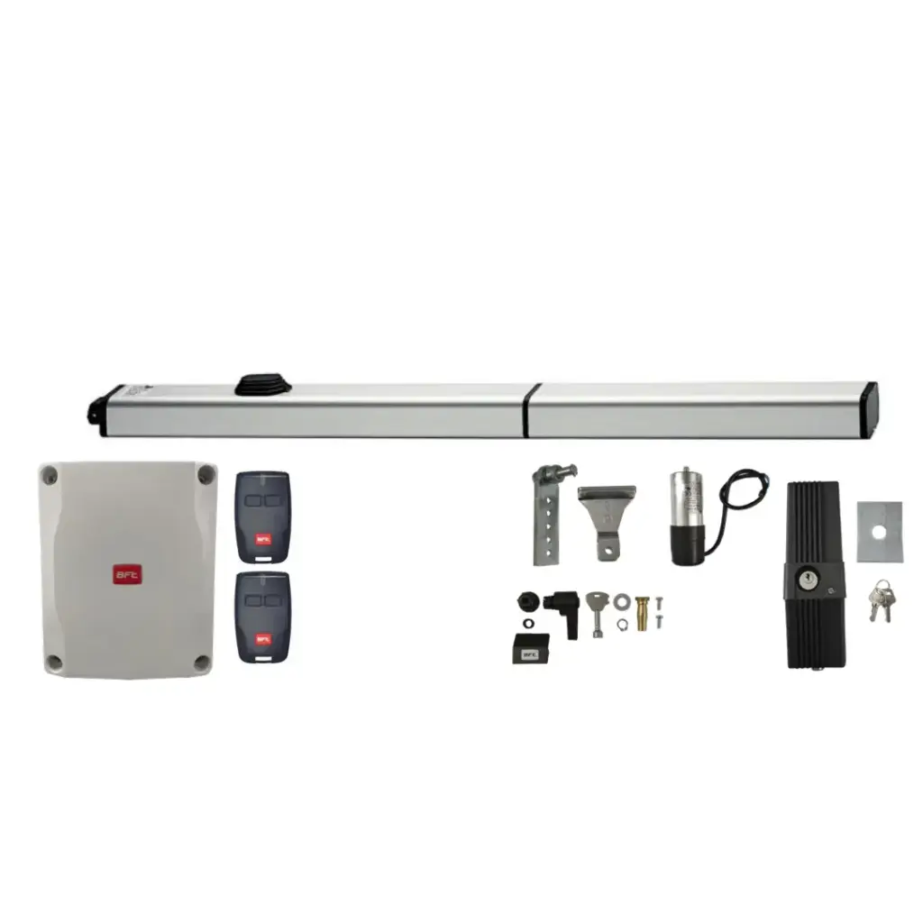 Kit Pistones BFT P7, 120V, para 1 Hoja, peso max. 500kg, ancho max. 7.0m, Incluye Receptor, 2 control y chapa de bloqueo de pivote.