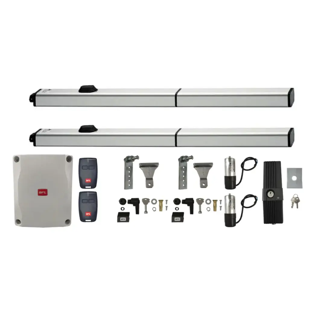 Kit Pistones BFT P7, 120V, peso max. 500kg, ancho max. 7.0m, 2-hojas, Incluye Receptor, 2 control y chapa de bloqueo de pivote.