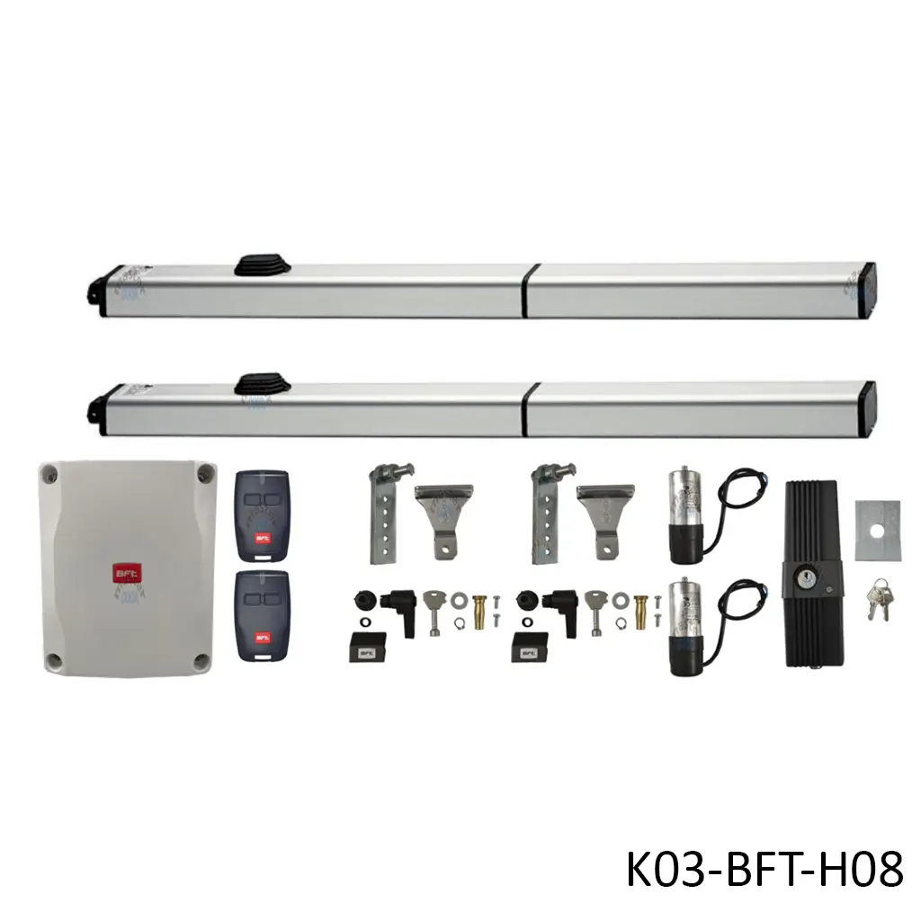 Kit Pistones BFT P7, 120V, peso max. 500kg, ancho max. 7.0m, 2-hojas, Incluye Receptor, 2 control y chapa de bloqueo de pivote.