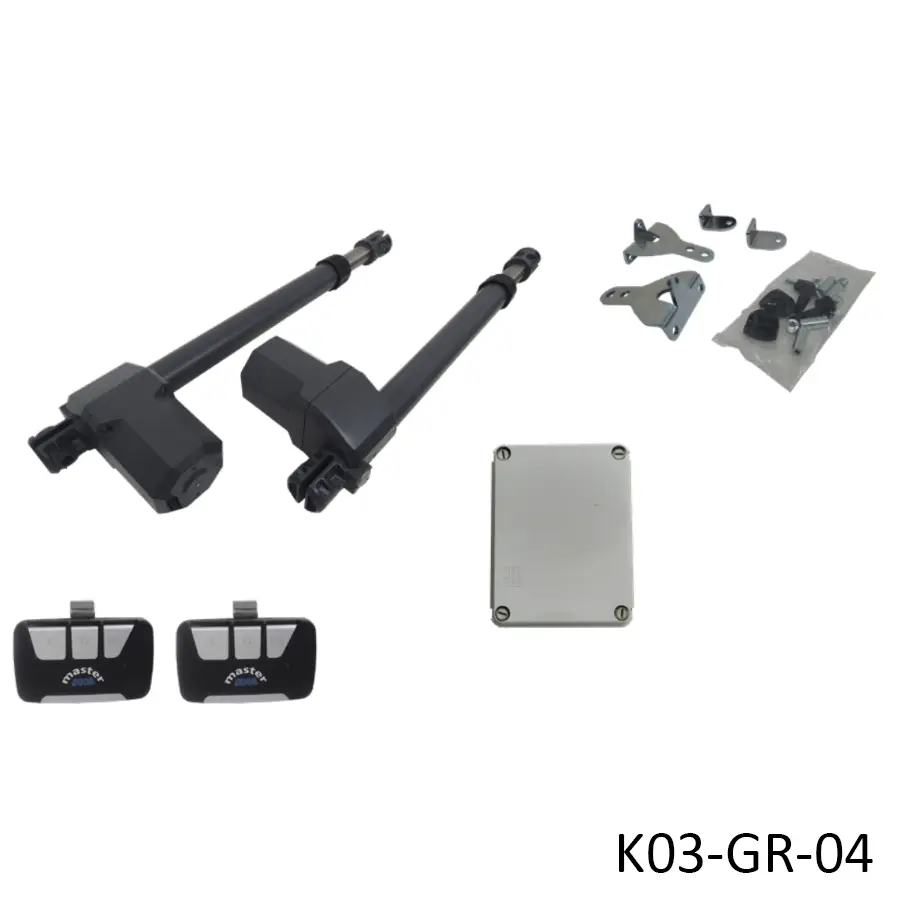 [K03-GR-04] Kit Pistones GR-300, 120V/24VCD, para 2 Hojas, Receptor, 2 Control MD y Bateria de Respaldo.
