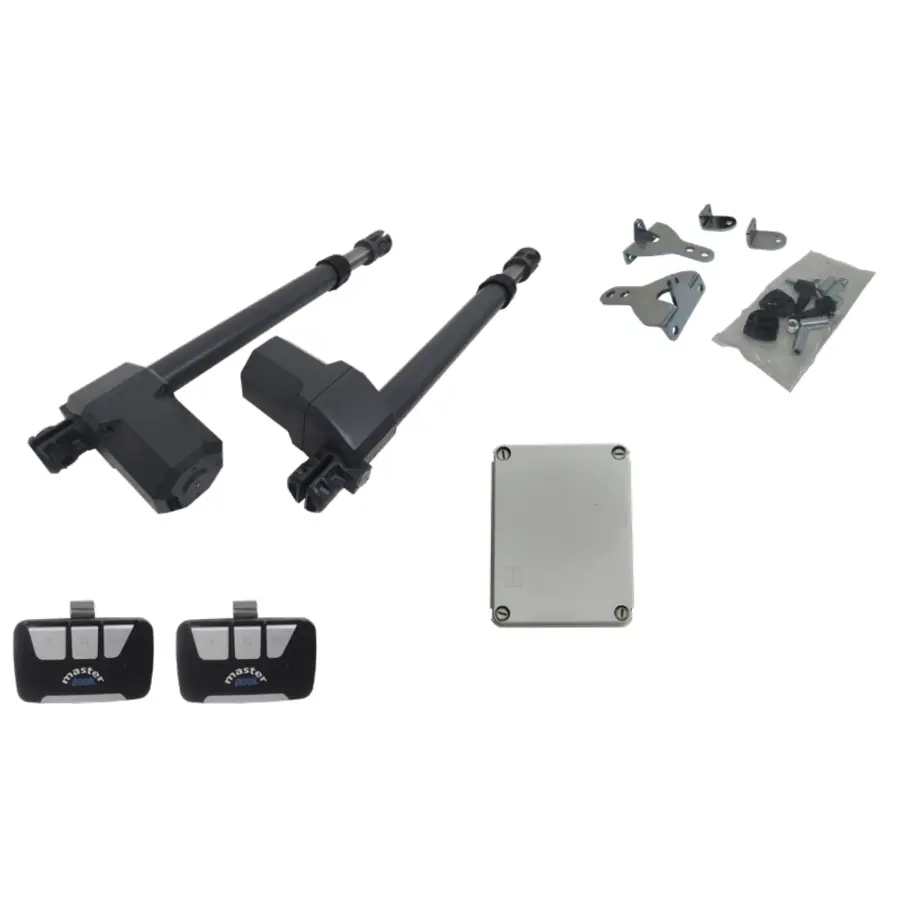 Kit Pistones GR-300, 120V/24VCD, para 2 Hojas, Receptor, 2 Control MD y Bateria de Respaldo.