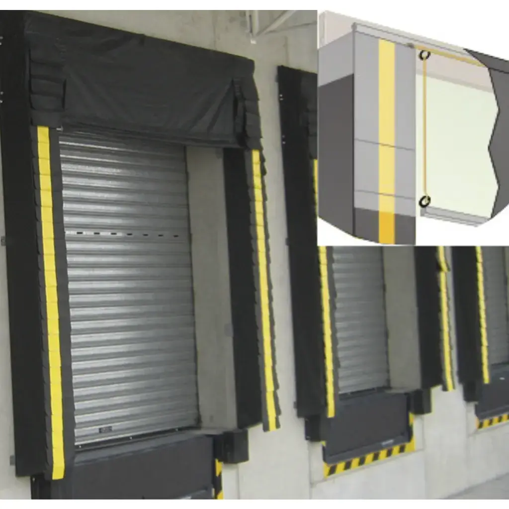 Kit Sello de Anden MD-PC de 8'x10', Cabezal Tipo Cortinilla ajustable por poleas y cables, Postes solidos rellenos de Poliuretano, base madera, lona 24oz.