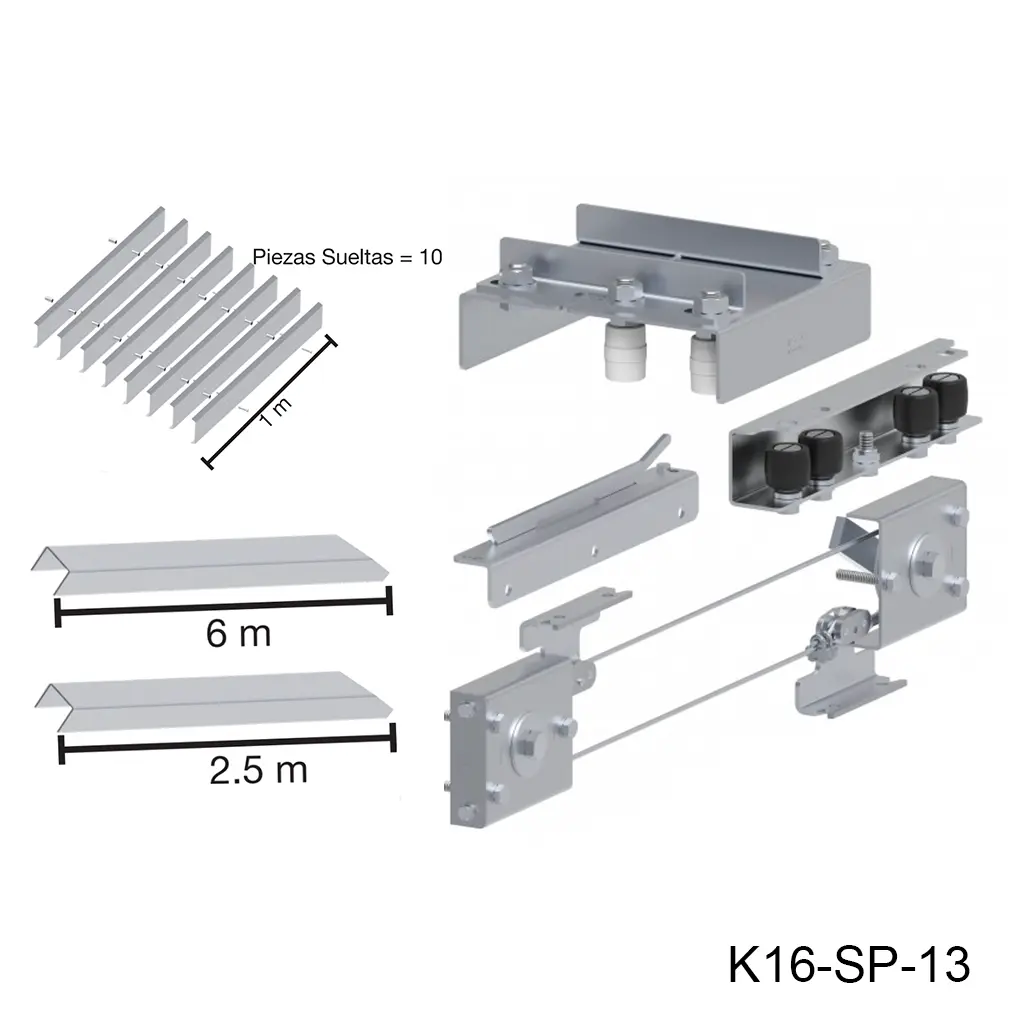 [K16-SP-13] Kit Telescopico, apertura 15mts. aplica donde es un claro de 15 metros y se reparte en 2 hojas. Peso maximo 400kg en la segunda hoja.