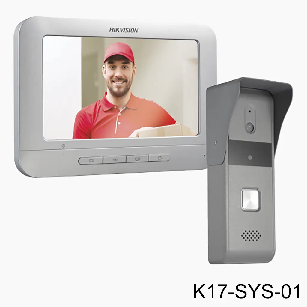 [K17-SYS-01] Kit Video Portero Analogico Hikvision (Pantalla LCD de a color de 7", frente de calle para Exterior IP65, salida contacto seco.
