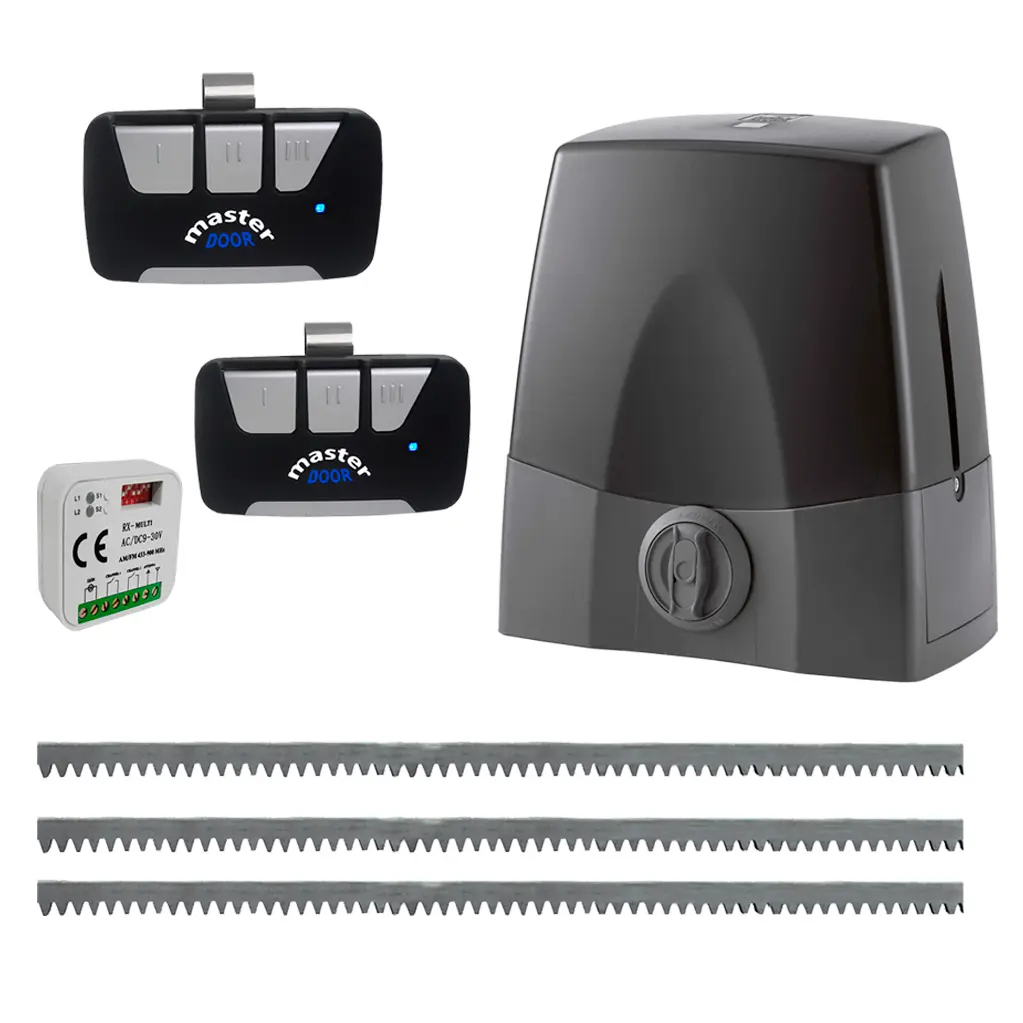 Kit cremallera CARDIN SLX1524, 24VCD, 120Volt, arrastre 1500Kg Incluye Bateria de Respaldo, 6m. cremallera, Receptor y 2 Control Universal MD