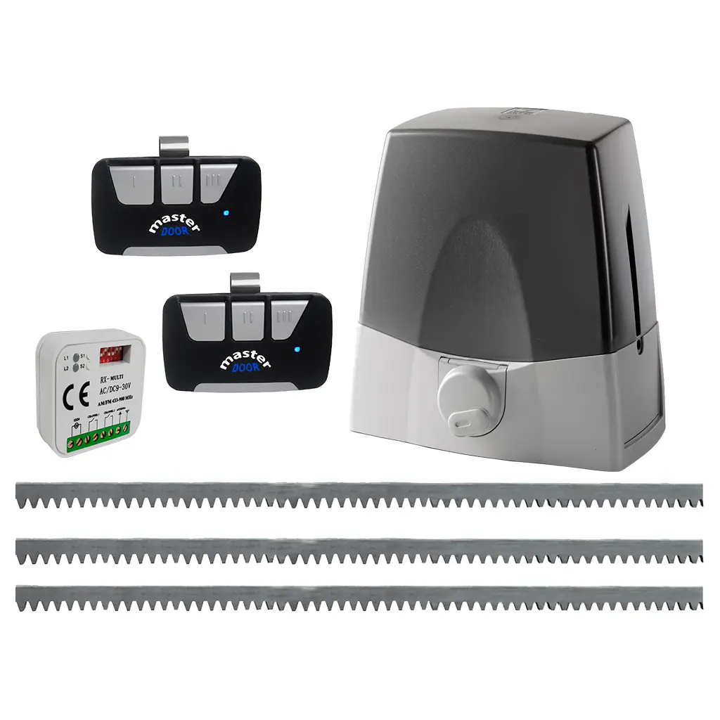 Kit cremallera CARDIN SLX3024, 24VCD, 120Volt, arrastre 3000Kg, Incluye Bateria de Respaldo, 6m. cremallera, Receptor y 2 Control Universal MD