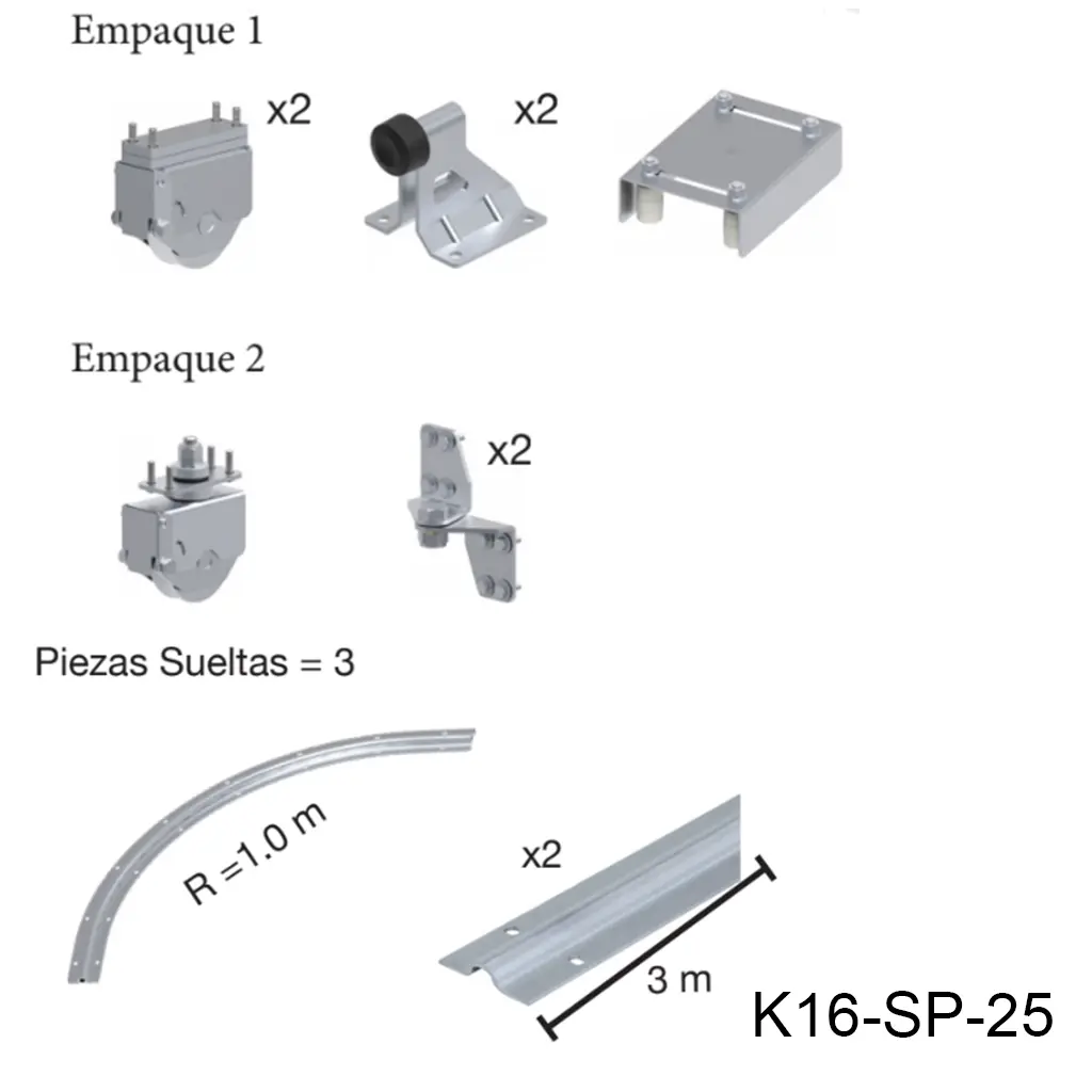 [K16-SP-25] Kit herraje Articulado curvo hacia la pared, Inferior, Mod. RADIUS. Para un Claro de 3.0m max. en 3 hojas de 75cm a 1.5m, peso 100Kg por hoja.