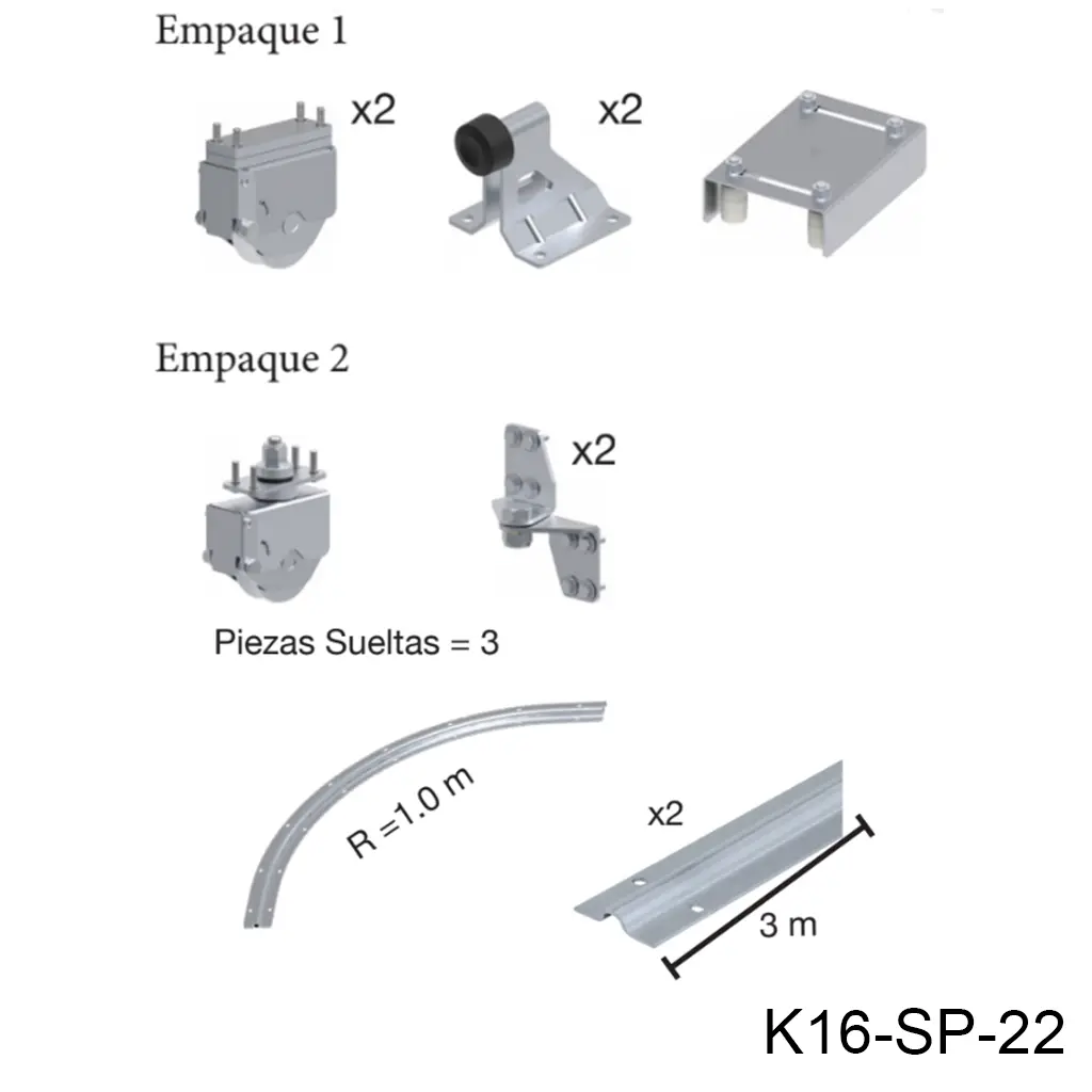 Kit herraje Articulado curvo hacia la pared, Inferior, Mod. RADIUS. Para un Claro de 3.0m max. en 4 hojas de 40cm a 75cm, peso 100Kg por hoja.