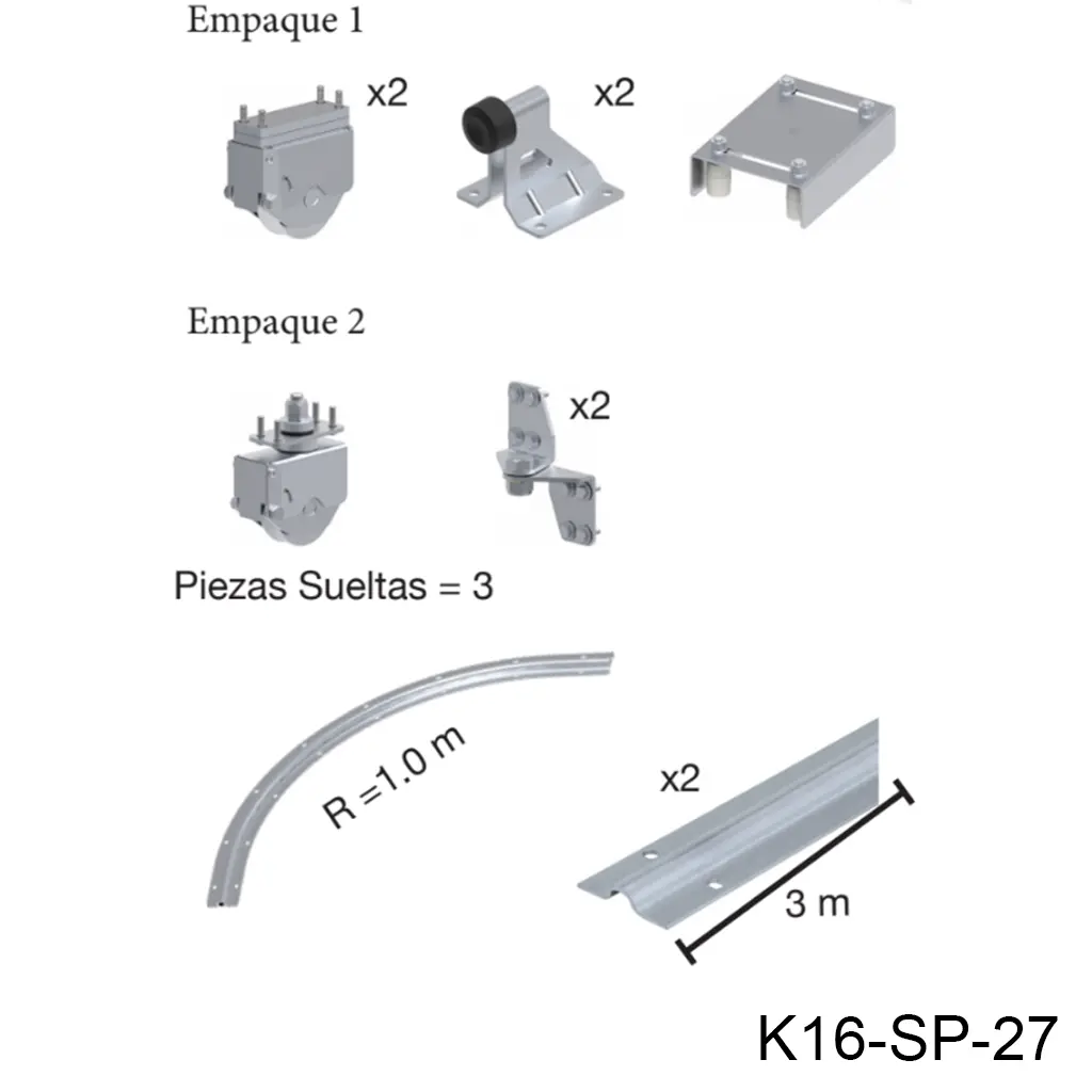 Kit herraje Articulado curvo hacia la pared, Inferior, Mod. RADIUS. Para un Claro de 6.0m max. en 6 hojas de 75cm a 1.5m, peso 100Kg por hoja.