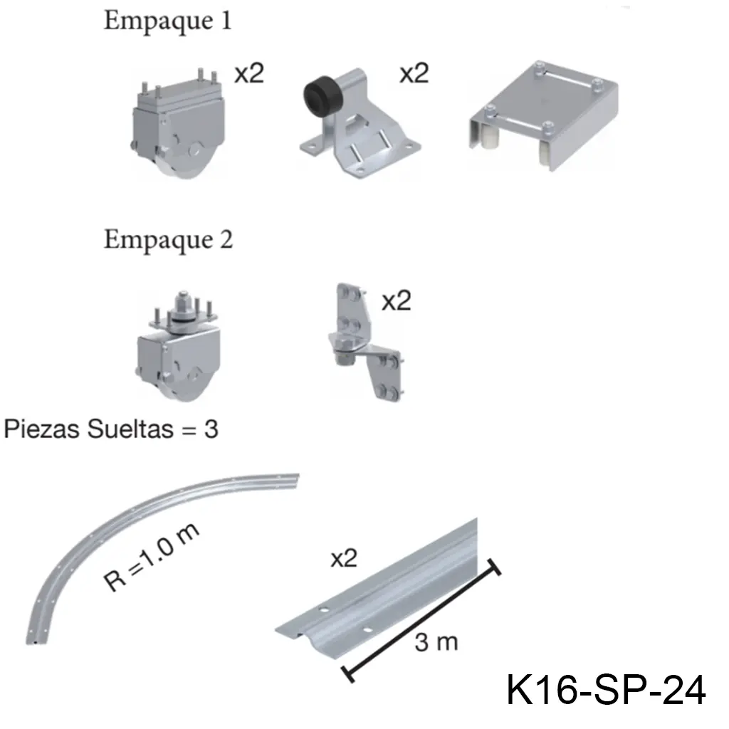 Kit herraje Articulado curvo hacia la pared, Inferior, Mod. RADIUS. Para un Claro de 6.0m max. en 8 hojas de 40cm a 75cm, peso 100Kg por hoja.