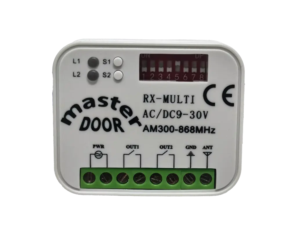 Receptor MD-RXMulti Universal de dos canales, acepta frecuencias 300-900Mhz, capacidad 500 ctls..Tra