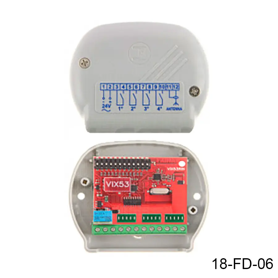 Receptor VIX53/1R, viene con 1 contacto pero se puede expandir a 4 contactos independientes, 12/24V AC/DC, F-868Mhz, capacidad 2000 control y mas funciones. MD