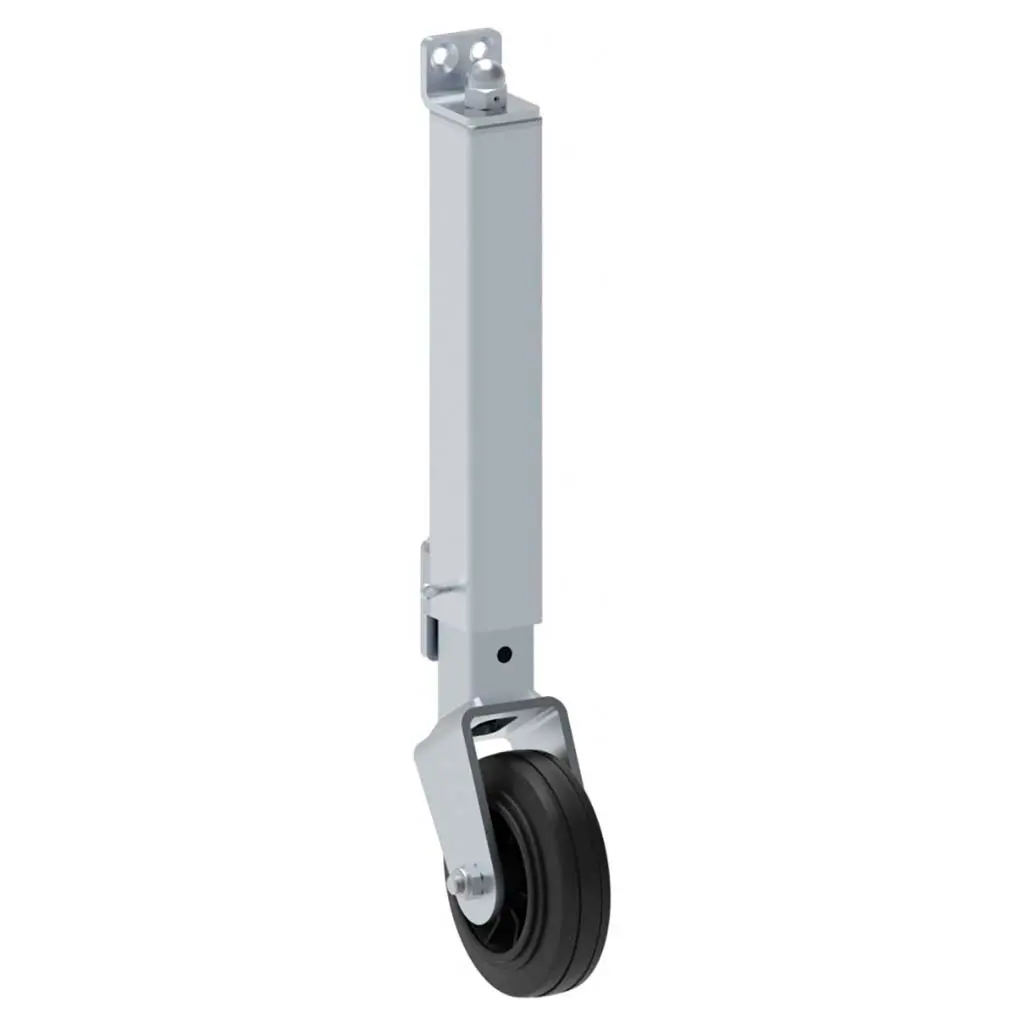 Rueda con base ajustable Telescopica, altura 529mm, un ajuste de 47mm / 19mm, Rueda Ø-131mm, para un peso 250kg. Se coloca en la punta de la hoja abatible.