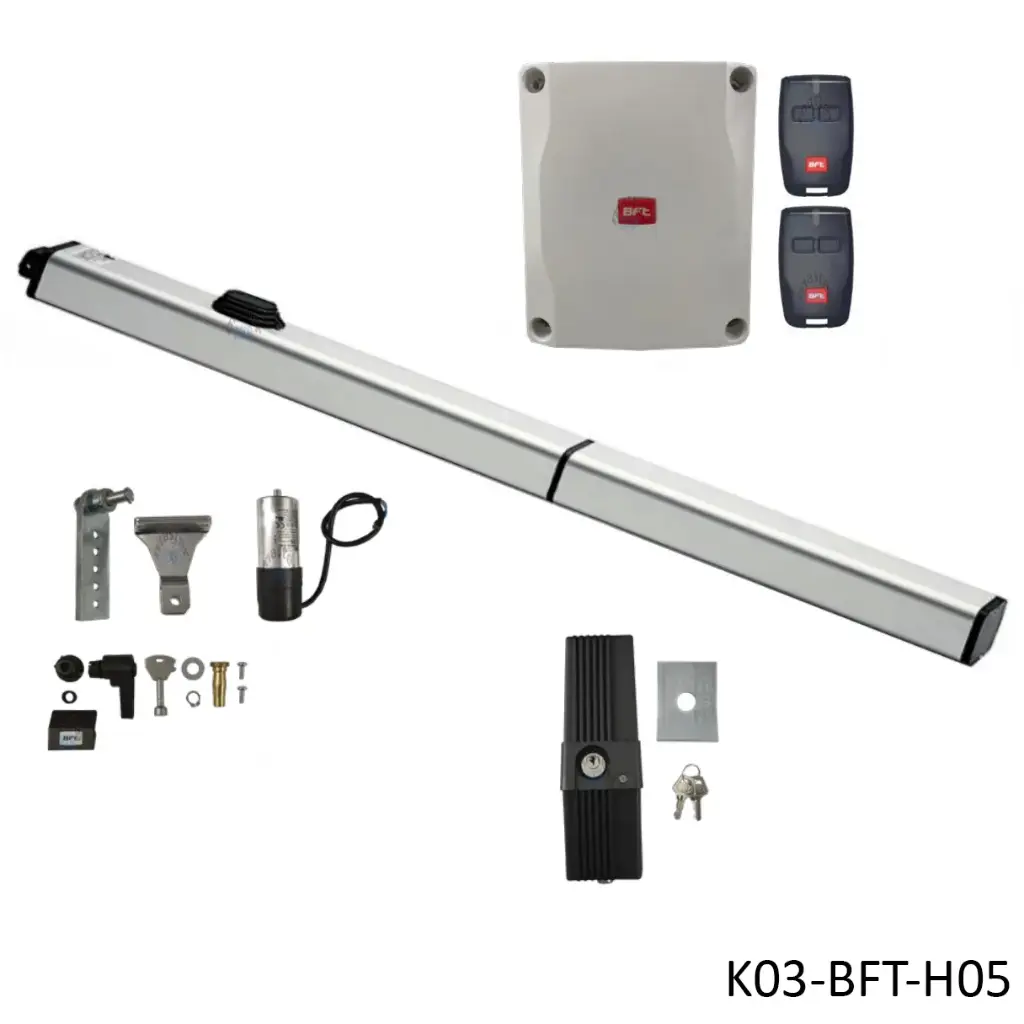 [K03-BFT-H05] kit Pistones BFT P4.5, 120V, para 1 Hoja, peso max. 500kg, ancho max, 4.5m, Incluye Receptor, 2 control y Chapa de Bloqueo de pivote.