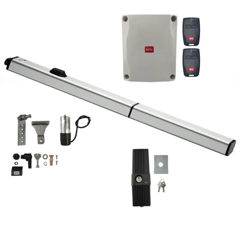 kit Pistones BFT P4.5, 120V, para 1 Hoja, peso max. 300kg, ancho max, 3.5m, Incluye Receptor, 2 control y Chapa de Bloqueo de pivote.