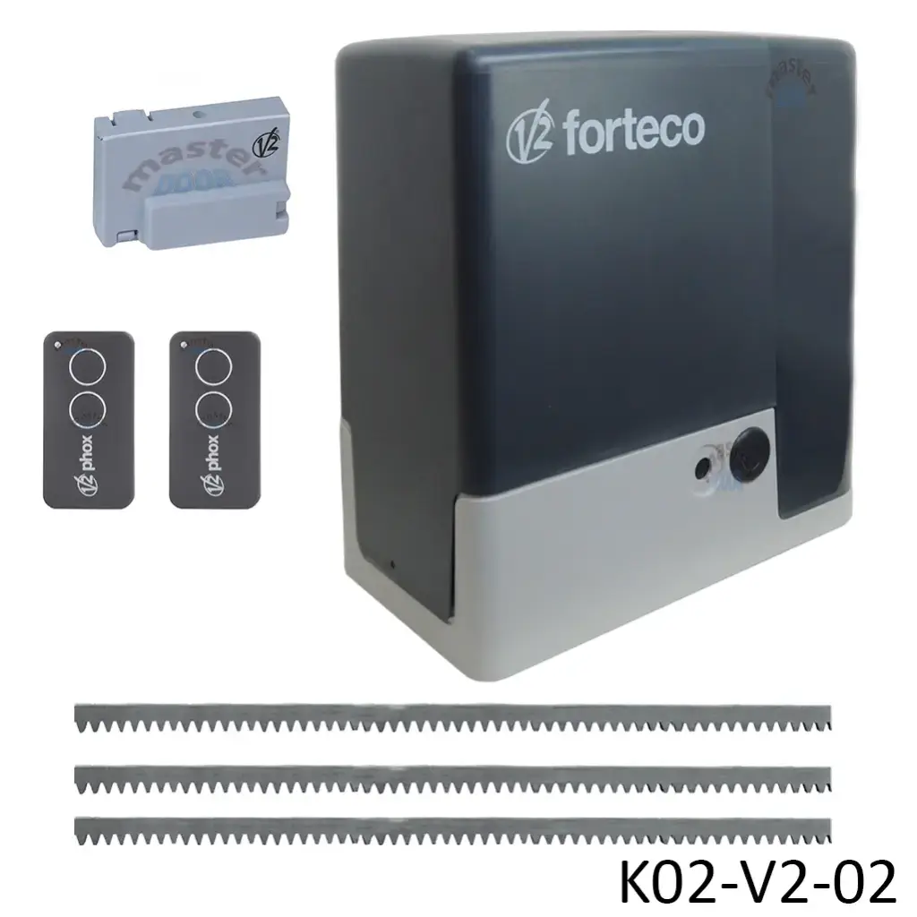 [K02-V2-02] Kit Cremallera FORTECO 2,500kg, 220volt, 2F entrada y 3F de salida, Trifasico con Tecnologia Inverter. Incluye: 6m de cremallera, Receptor y 2-controles.