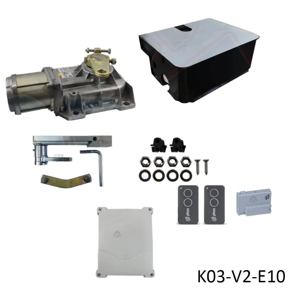 [K03-V2-E10] Kit Pistones Ocultos Vulcan 24v V2, para 1-hoja, 120V, 2.5m ancho, 600kg. Incluye: Receptor y Controles