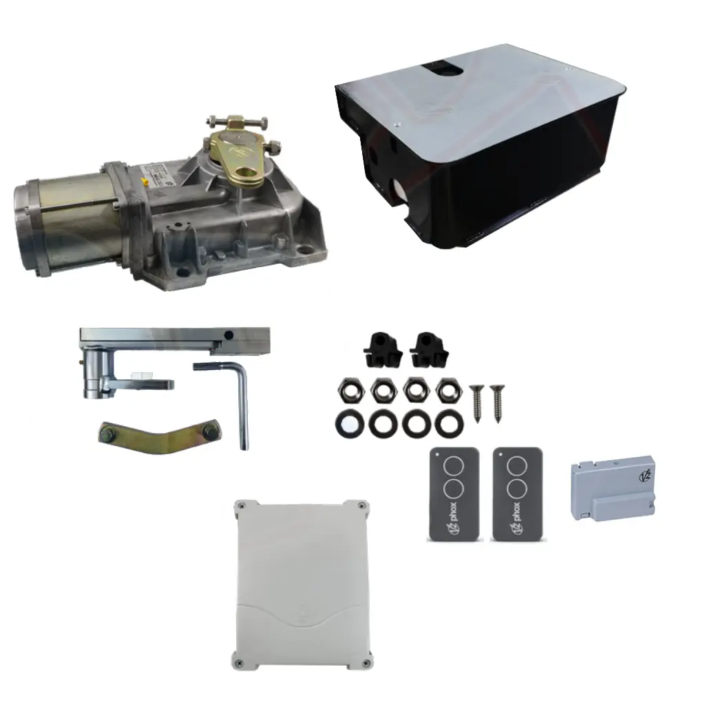 Kit Pistones ocultos Vulcan 24v V2, para 1 hoja, 120V, 2.5m ancho, 600kg (Con receptor y dos controles)