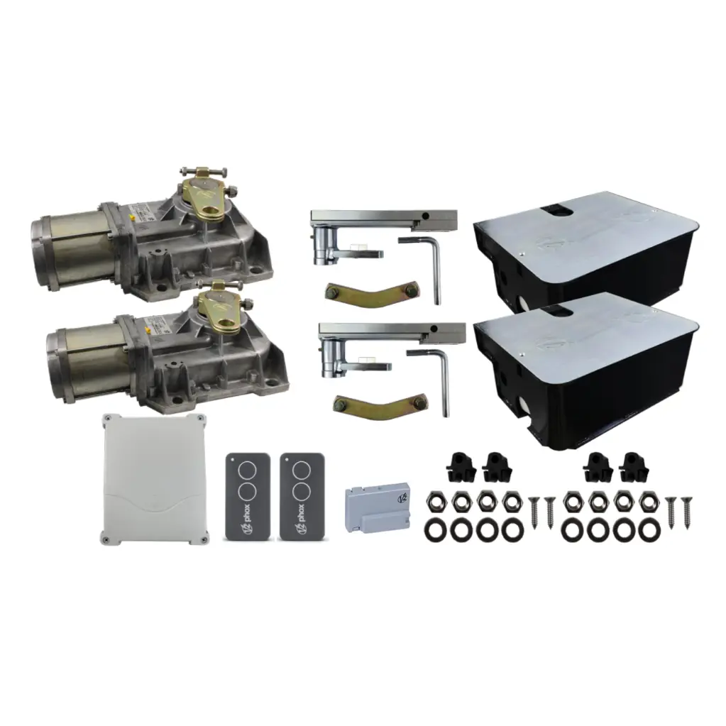 [K03-V2-E11] Kit Pistones Ocultos Vulcan 24v V2, para 2-hojas, 120/24V, 2.5m ancho, 600kg. Incluye: Receptor y Controles.