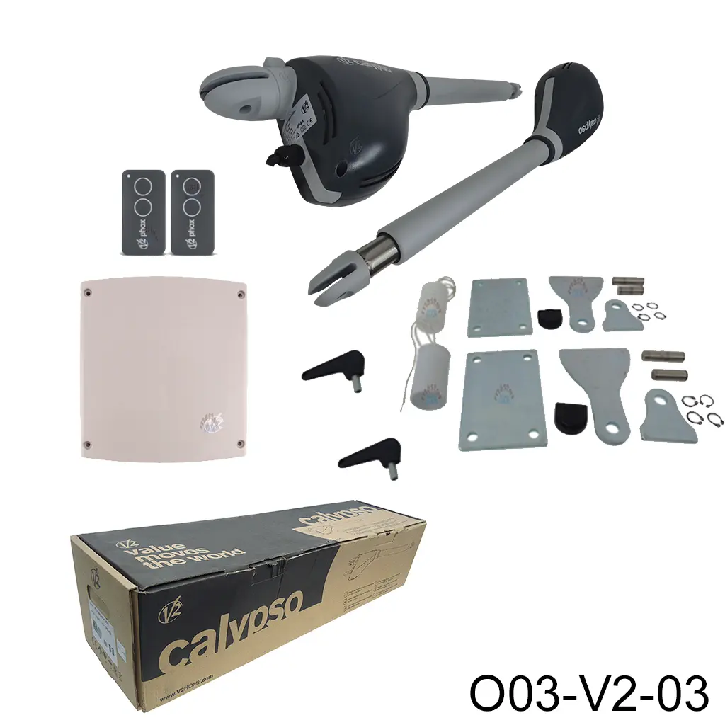 Piston Calypso 400, 120V, 2 hojas, no tiene lado LH/RH. Incluye: 2-Pistones, 1-Cerebro, 2-Controles, 2-Llaves, 2-Capacitores, 2-Soportes, Caja.