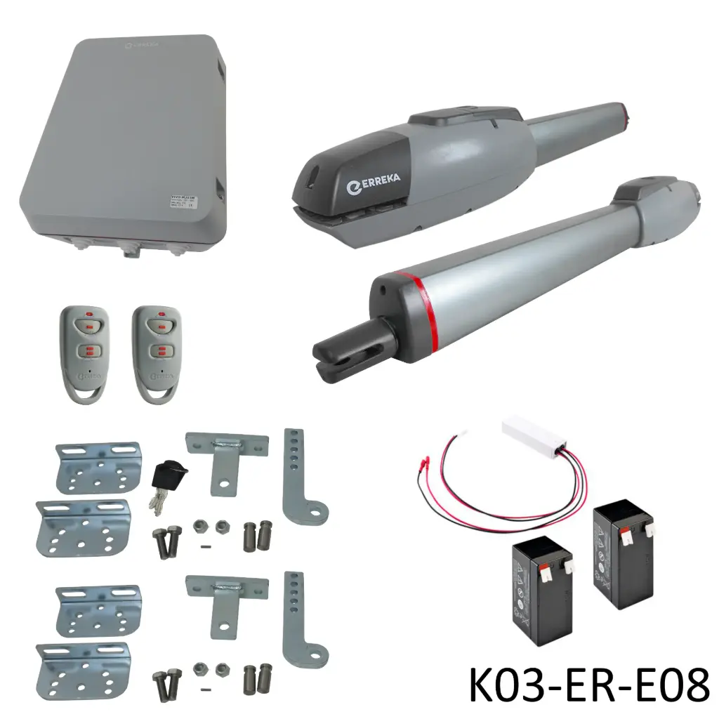 [K03-ER-E08] Kit Pistones 24VCD Kairos, 2-hojas, 120V / 24VCD, caja...Incluye Bateria de Respaldo