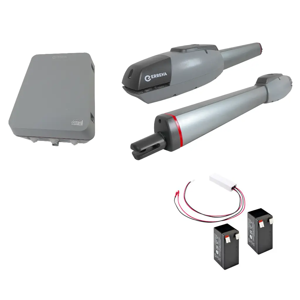 Kit Pistones 24VCD Kairos, 2-hojas, 120V / 24VCD, caja...Incluye Bateria de Respaldo