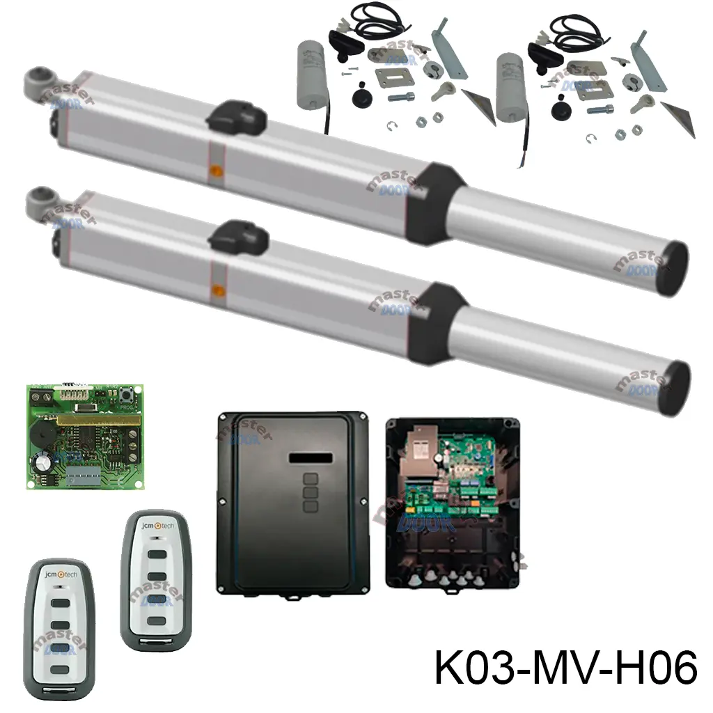 Kit Pistones Hydro-360PLUS BAC Rápido BL 127v, para 2 hojas, con valv. desaceleración mecánica al cierre y apertura, peso max. 600kg, ancho max. 4.5m.