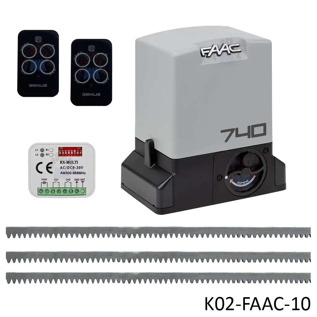 Kit Cremallera FAAC-740, 120V, Cap. de Arrastre 500K. Incluye: 6m cremallera, 1-Tarjeta, 1-Receptor y 2 Control.